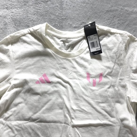 Adidas Lionel Messi Futbol Graphic Tee White Pink Blue Men's Medium NWT - Picture 7 of 8